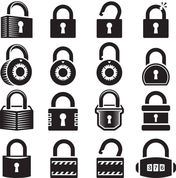 Locks open and closed lock royalty free vector icon set Locks black & white icon set combination lock stock illustrations