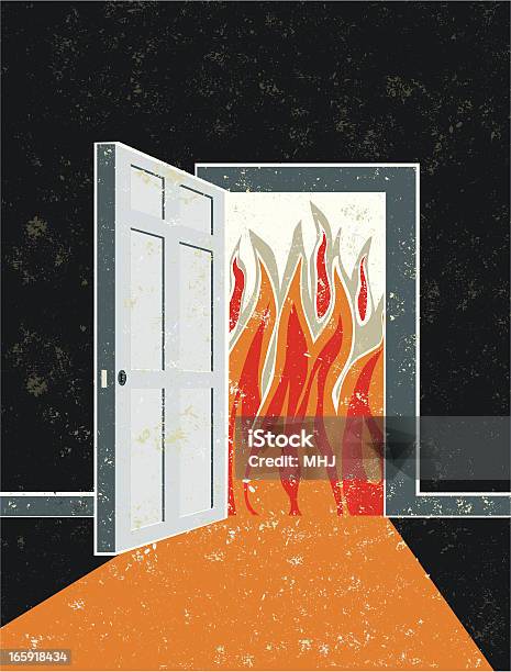 Abra A Porta E Porta Com Chamas - Arte vetorial de stock e mais imagens de Porta Corta-Fogo - Porta Corta-Fogo, Incêndio, Estilo retro