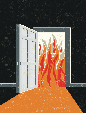 No Way Out! A stylized vector cartoon of a door opening into a fire, the style is  reminiscent of an old screen print poster. Suggesting no opportunity, no hope, no escape, fire wall, danger, unexpected or fire doors. Door, Fire, paper texture and background are on different layers for easy editing. Please note: clipping paths have been used,  an eps version is included without the path.
