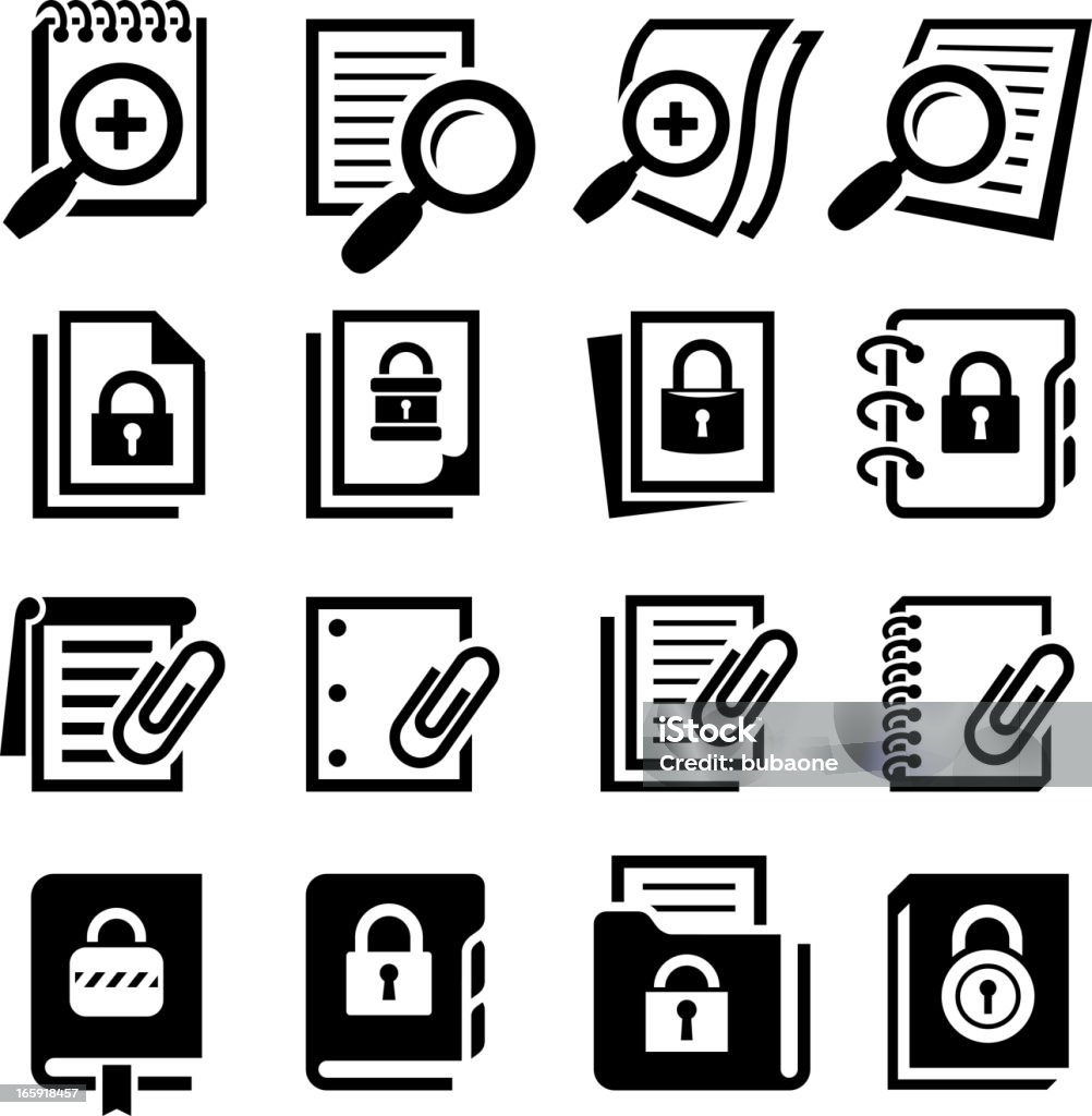 Buscar documentos de seguridad con bloqueo negro & conjunto de iconos blancos - arte vectorial de Ícono libre de derechos