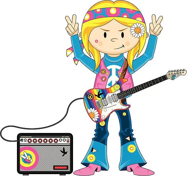 Vector illustration of Hippie Girl with Guitar & Amp