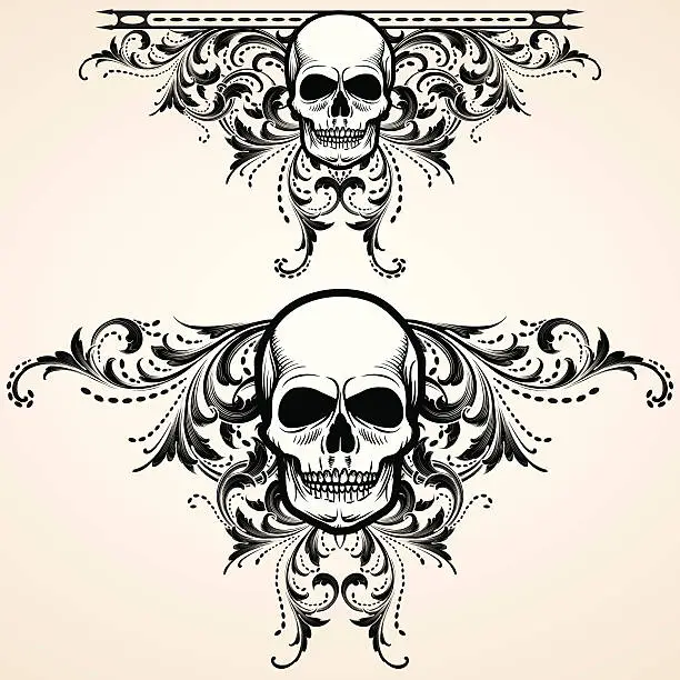 Vector illustration of Skull Scrollwork Elements tattoo