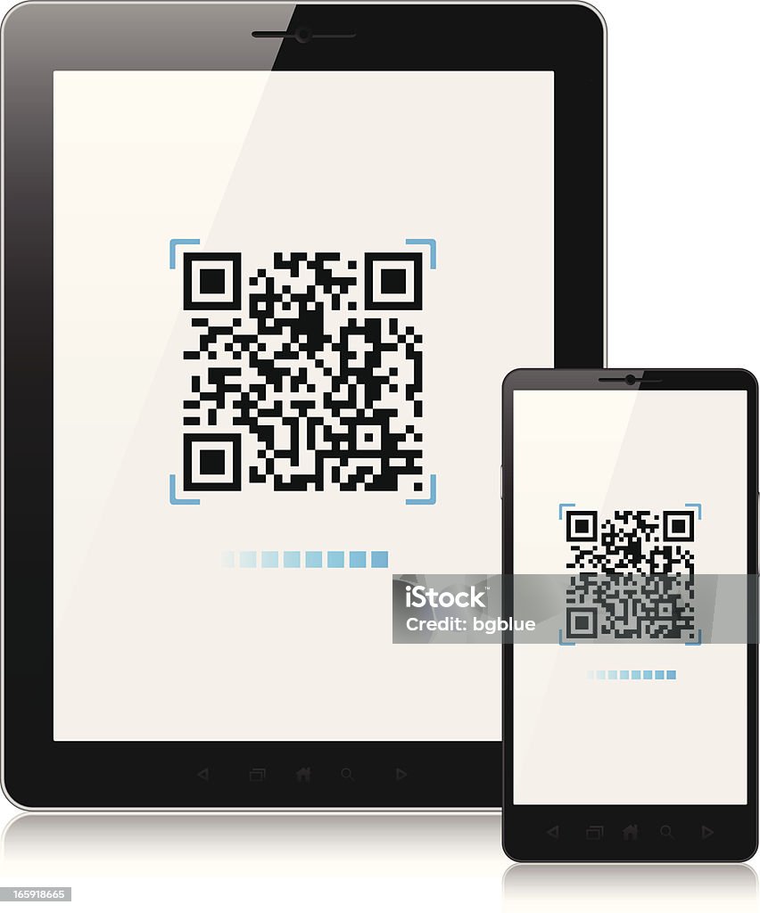 Scansione codice QR con telefono cellulare e tablet pc - arte vettoriale royalty-free di Codice QR