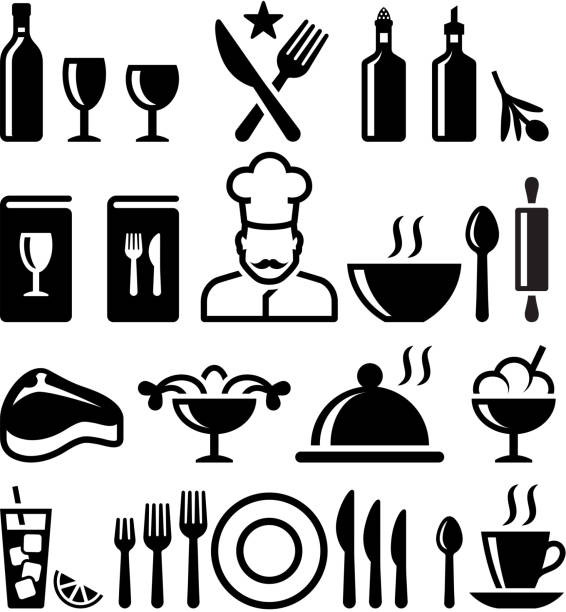 ilustraciones, imágenes clip art, dibujos animados e iconos de stock de restaurante de comidas refinadas & negro y blanco vector conjunto de iconos - white background container silverware dishware