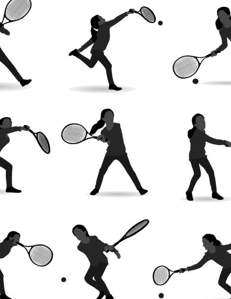 ilustraciones, imágenes clip art, dibujos animados e iconos de stock de niña jugando al tenis - silhouette tennis competitive sport traditional sport