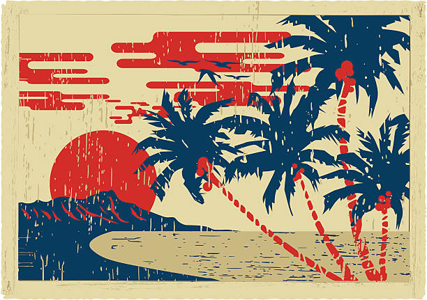 ilustrações, clipart, desenhos animados e ícones de havaí ntage cartão postal - retro revival postcard beach dirty