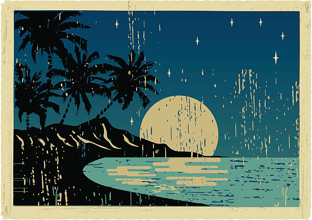 hawaiian night postcard vintage postcard of hawaii by night bay of water illustrations stock illustrations