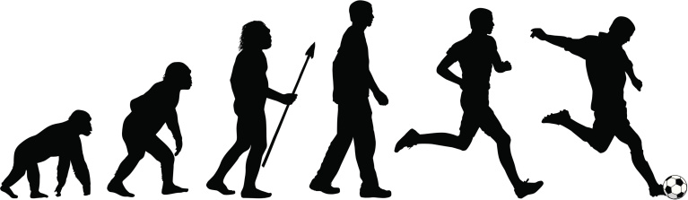 Evolution of the soccer player (footballer) vector illustrations. From chimp to caveman to human.