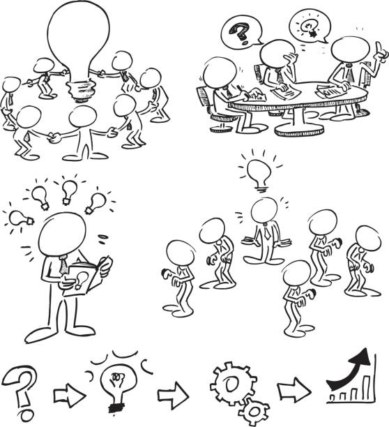 ilustraciones, imágenes clip art, dibujos animados e iconos de stock de rostro de caracteres con ideas - expresiones faciales lápiz de personalidad emociones y gestos con las manos