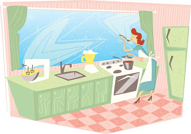 Vector illustration of retro woman kitchen