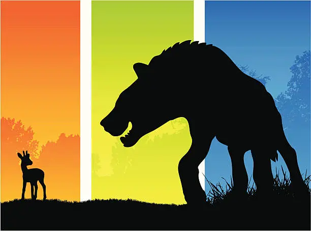 Vector illustration of African animal hunting silhouette of hyena predator and prey