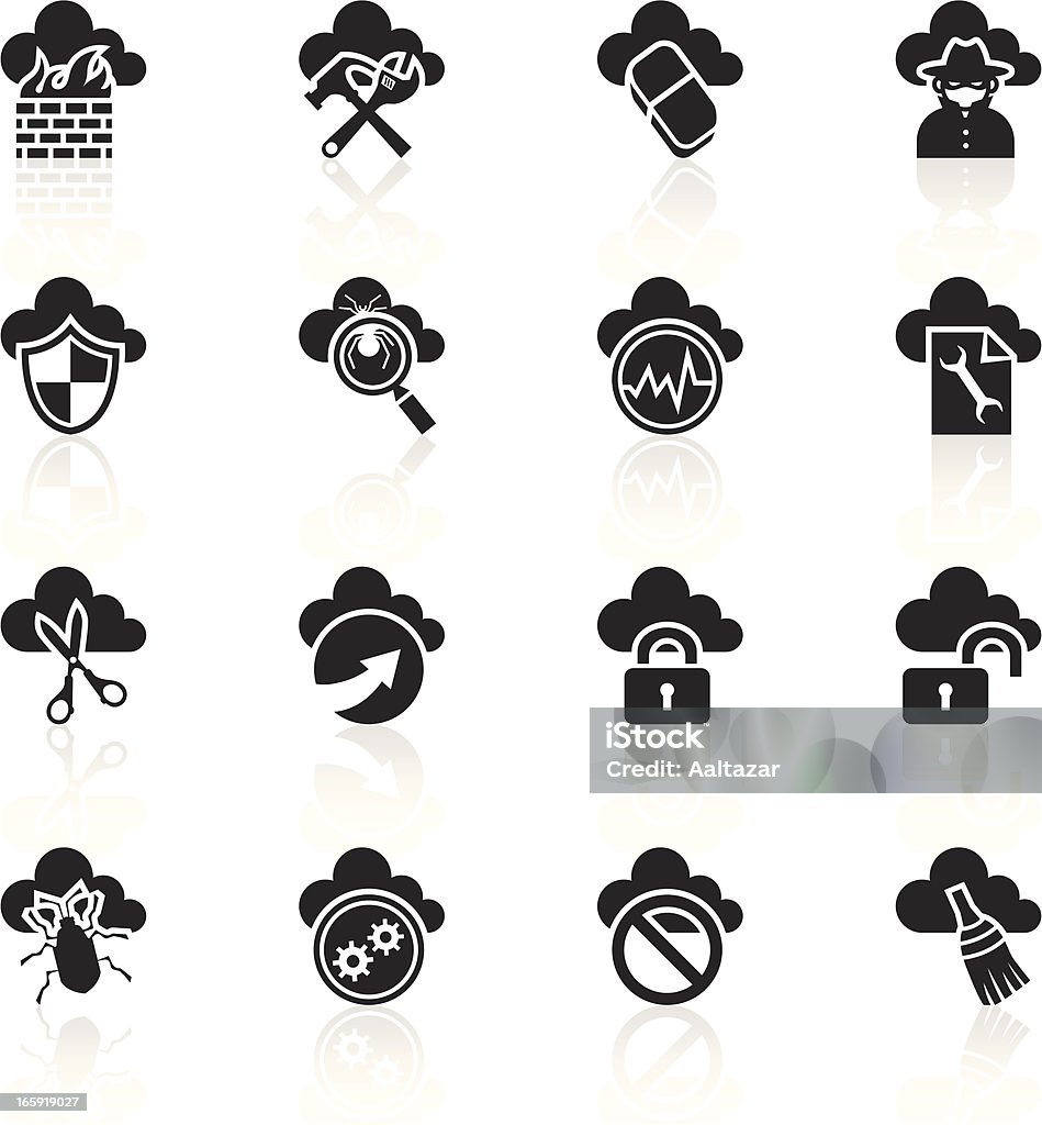 Negro símbolos de computación en nube de seguridad - arte vectorial de Abrir con llave libre de derechos