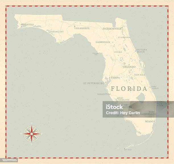 빈티지 스타일 플로리다 맵 지도에 대한 스톡 벡터 아트 및 기타 이미지 - 지도, 해안선, 강