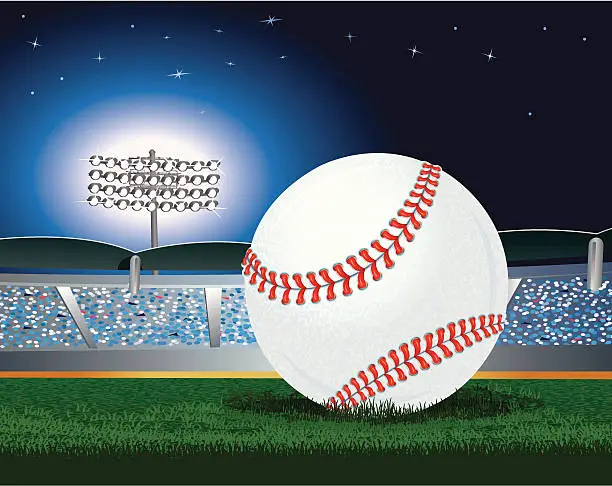 Vector illustration of Baseball and Stadium Under Lights at Night Background