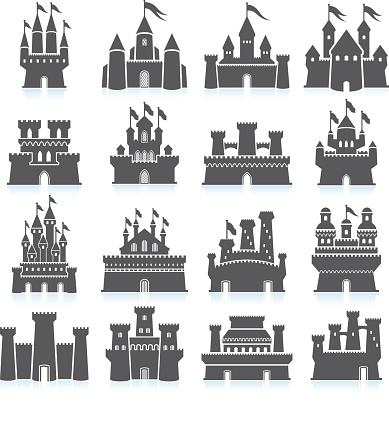 Medieval Castle black and white royalty free vector interface icon set. This editable vector file features black interface icons on white Background. The interface icons are organized in rows and include sixteen variation of castles and fortress. The castle has watch towers and waving flags. Castle design vary in styles and cultural heritage.