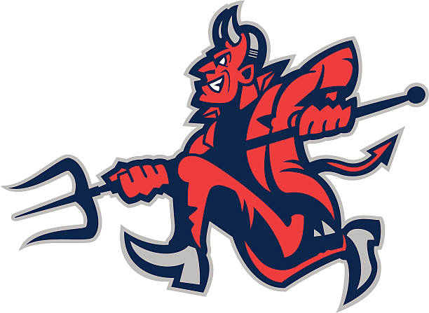 Running Devil Mascot A vector illustration of a red devil running with a pitchfork . cartoon of the devils pitch fork stock illustrations