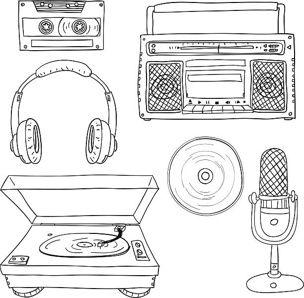 Audio collection in black and white Sketch drawing of Audio collection in black and white. microphone drawings stock illustrations