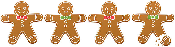 Gingerbread Men A vector illustration of four gingerbread men, one with an unfortunate broken leg. Each gingerbread man is grouped on his own layer. Download includes a PNG file with a transparent background. gingerbread man stock illustrations