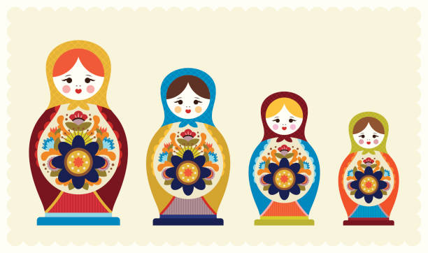 ilustraciones, imágenes clip art, dibujos animados e iconos de stock de floral con espacio para la computadora muñecas - russian nesting doll doll matrioska russian culture