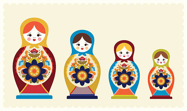 Floral Nesting Dolls A four-piece set of Russian Nesting Dolls showing a colorful floral motif with beautiful feminine faces matrioska stock illustrations