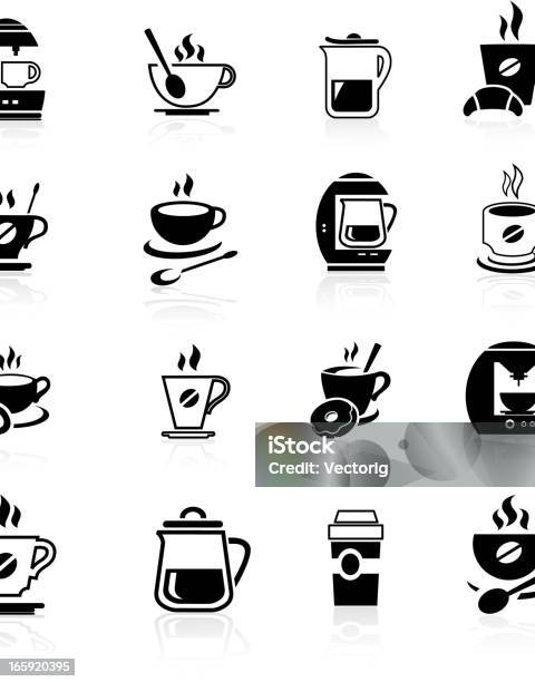 Czarna Kawa Zestaw Ikon - Stockowe grafiki wektorowe i więcej obrazów Czarno biały - Czarno biały, Ilustracja, Kawa - napój