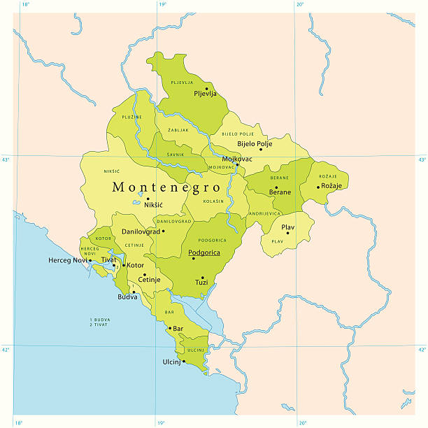 Montenegro Vector Map "Highly detailed vector map of Montenegro. File was created on October 25, 2011. The colors in the .eps-file are ready for print (CMYK). Included files: EPS (v8) and Hi-Res JPG." montenegro stock illustrations