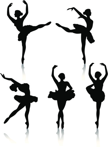 Vector silhouettes of female ballet dancers with reflections. One of a series.