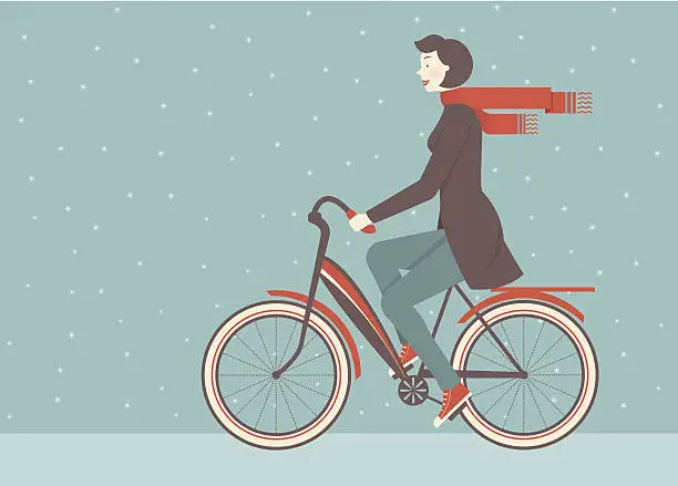 Vector illustration of Illustration of woman in scarf riding a bicycle in the snow