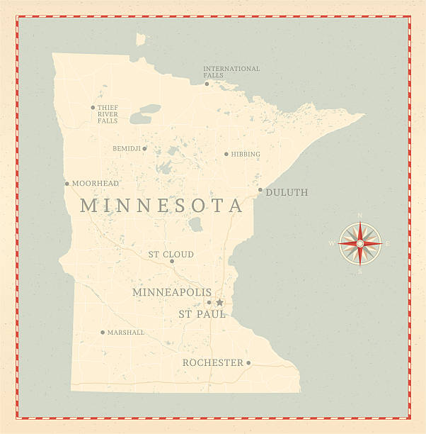 Vintage-Style Minnesota Map A vintage-style map of Minnesota with freeways, highways and major cities. Shoreline, lakes and rivers are very detailed. Includes an EPS and JPG of the map without roads and cities. Texture, compass, cities, etc. are on separate layers for easy removal or changes.  minnesota map stock illustrations