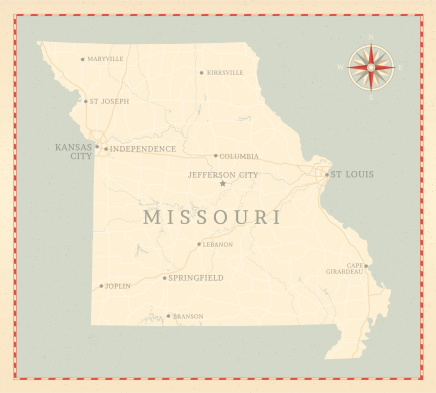 A vintage-style map of Missouri with freeways, highways and major cities. Shoreline, lakes and rivers are very detailed. Includes an EPS and JPG of the map without roads and cities. Texture, compass, cities, etc. are on separate layers for easy removal or changes. 