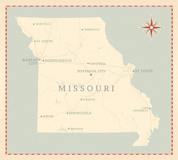 Vintage-Style Missouri Map A vintage-style map of Missouri with freeways, highways and major cities. Shoreline, lakes and rivers are very detailed. Includes an EPS and JPG of the map without roads and cities. Texture, compass, cities, etc. are on separate layers for easy removal or changes.  saint joseph stock illustrations