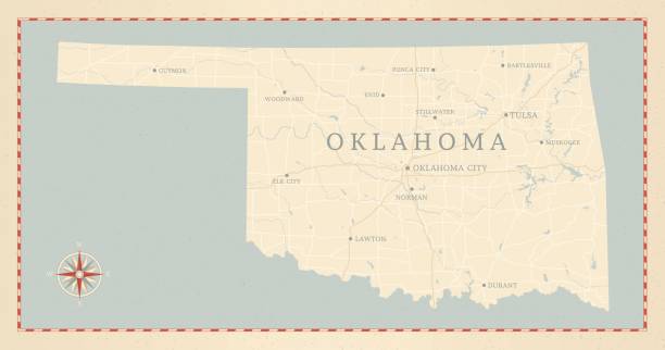 vintage-look der oklahoma karte - tulsa stock-grafiken, -clipart, -cartoons und -symbole