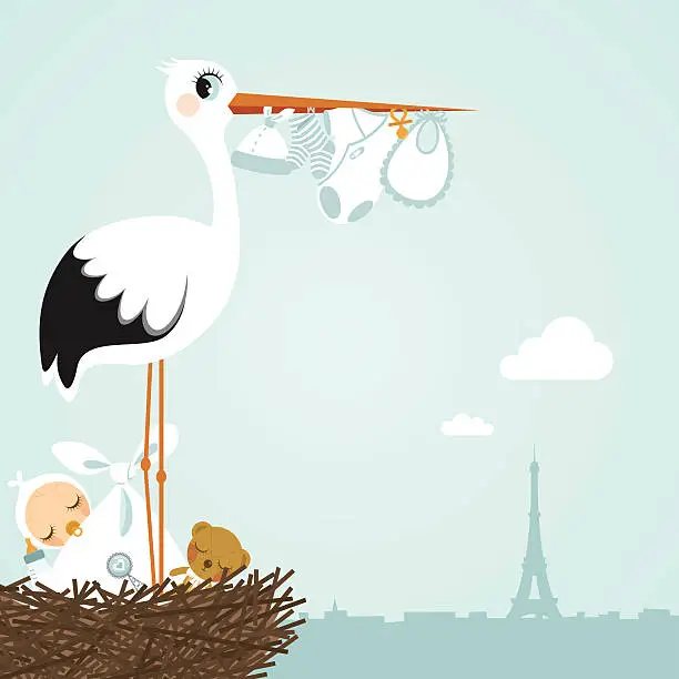 Vector illustration of stork Paris newborn