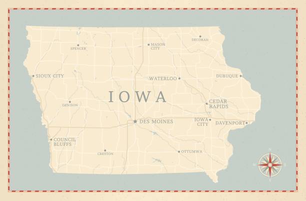 Vintage-Style Iowa Map A vintage-style map of Iowa with freeways, highways and major cities. Shoreline, lakes and rivers are very detailed. Includes an EPS and JPG of the map without roads and cities. iowa stock illustrations