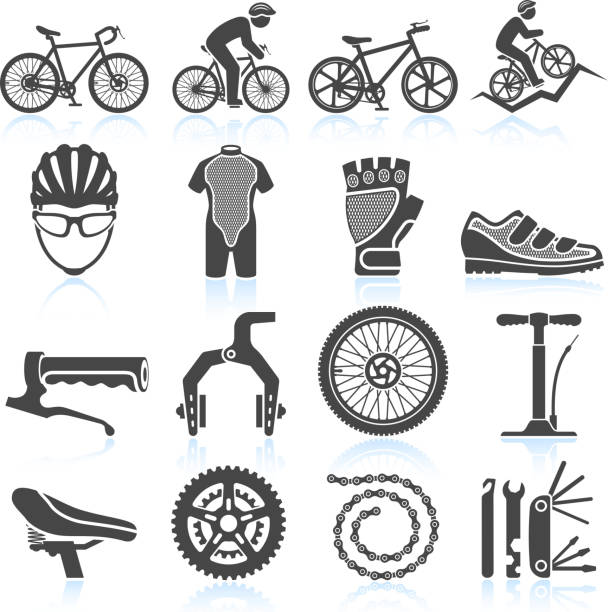 ilustrações de stock, clip art, desenhos animados e ícones de corrida de ciclismo & preto branco vector conjunto de ícones royalty free - bicycle chain bicycle tire black and white