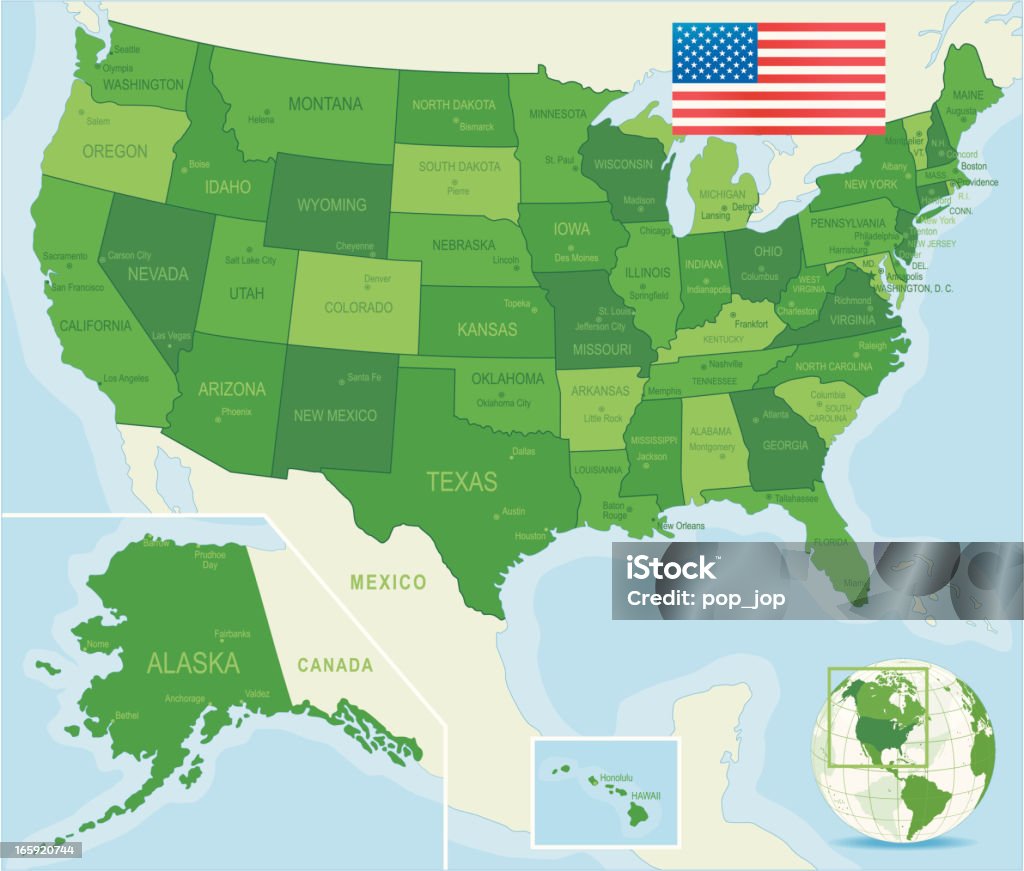 Estados Unidos mapa verde-Membros, cidades, bandeira - Vetor de Mapa royalty-free