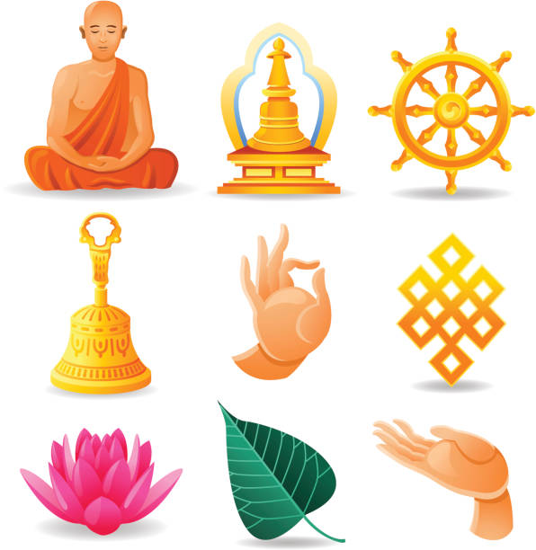 Buddhism Set Vector illustration set of nine buddhism related elements dharmachakra stock illustrations