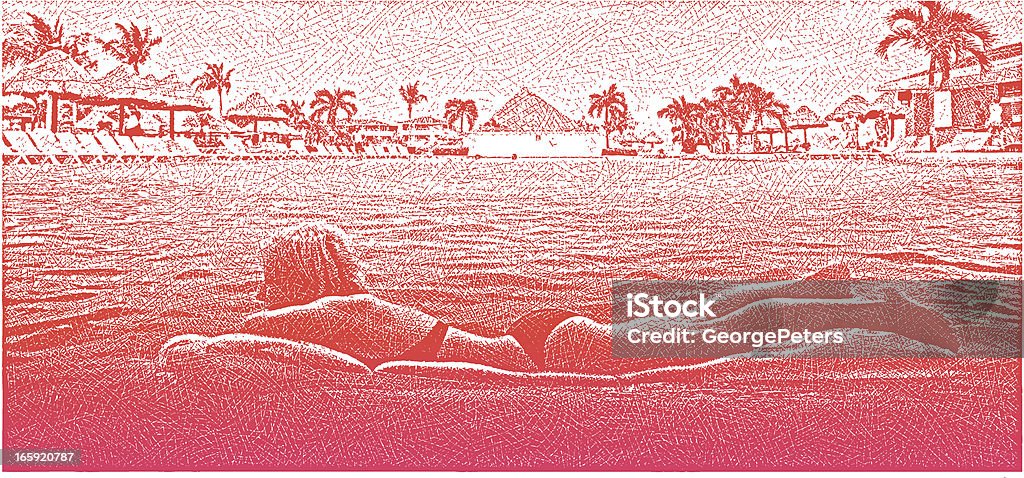 Женщина расслабляющий в панорамный бассейн курорта - Векторная графика Cross Hatching роялти-фри