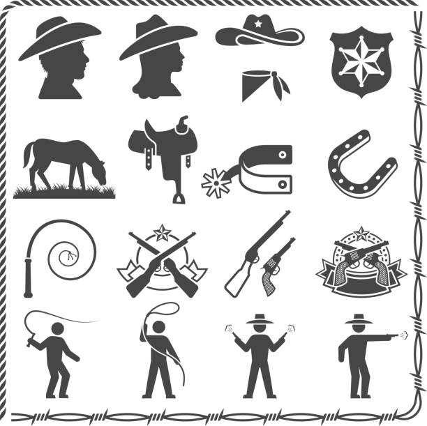 illustrations, cliparts, dessins animés et icônes de cowboys du far west et de shérif noir & ensemble d'icônes blanc - whip