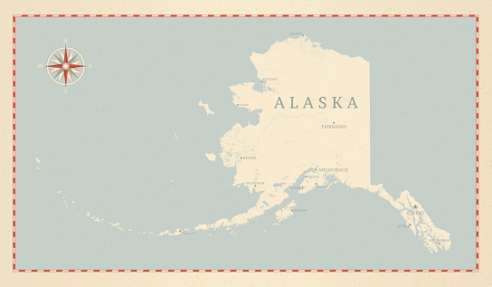 A vintage-style map of Alaska with highways and major cities. Shoreline, lakes and rivers are very detailed. Includes an EPS and JPG of the map without roads and cities. Texture, compass, cities, etc. are on separate layers for easy removal or changes. 