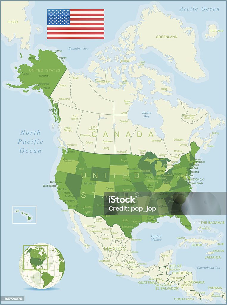 Dos Estados Unidos e da América do Norte mapa verde - Royalty-free Mapa arte vetorial