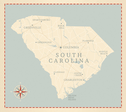 A vintage-style map of South Carolina with freeways, highways and major cities. Shoreline, lakes and rivers are very detailed. Includes an EPS and JPG of the map without roads and cities. Texture, compass, cities, etc. are on separate layers for easy removal or changes. 