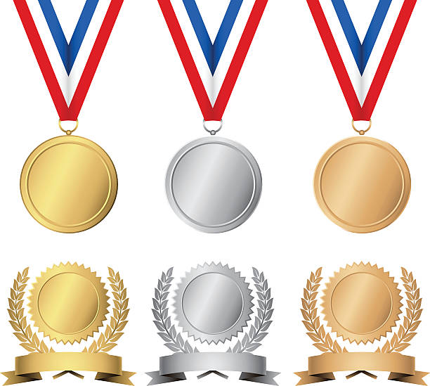 Gold, silver and bronze awards and medals Set of award medals in gold, silver and bronze.  Each element is grouped separately for easy editing.  Colors are just a few global swatches, so file can be recolored easily. gold medal stock illustrations