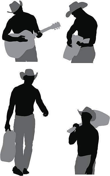 mehrere bilder von einer cowboy mit gitarre - cowboy hat wild west single object white background stock-grafiken, -clipart, -cartoons und -symbole