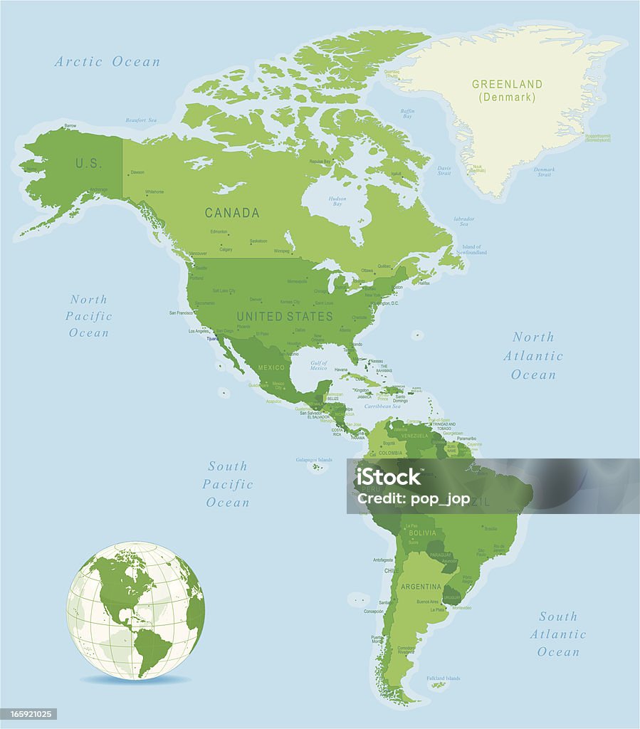 Mapa Ameryki Północnej i Południowej - Grafika wektorowa royalty-free (Ameryka)