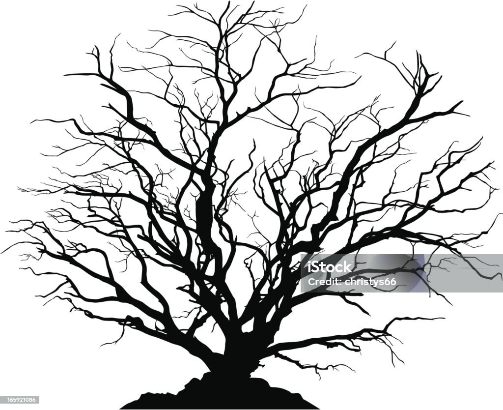 Detailed silhouette of a round deciduous tree with no leaves. Silhouette of a round shaped deciduous tree with no leaves. Ground below can be separated from the tree. Tree stock vector