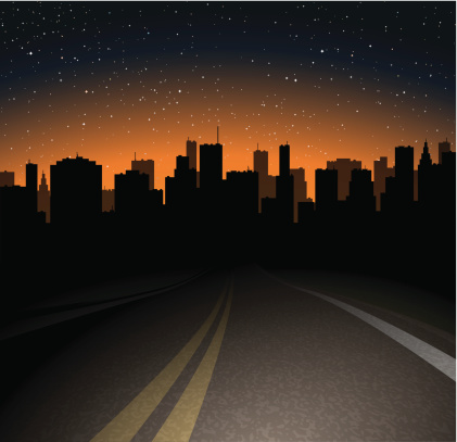 Night road and sunset over the city. Vector illustration.