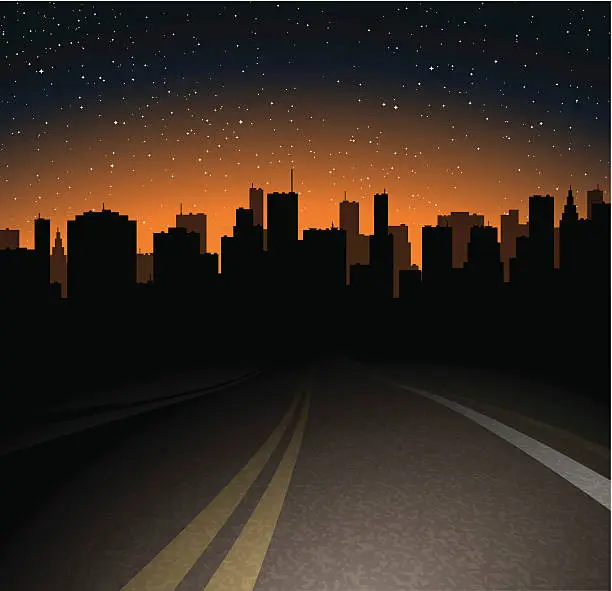 Vector illustration of Night road to the town