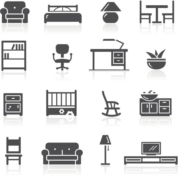 ilustraciones, imágenes clip art, dibujos animados e iconos de stock de iconos de muebles - double bed night table headboard bed