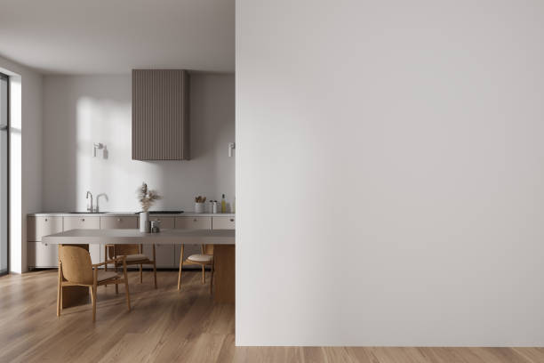istock Stylish home kitchen interior with eating and cooking space, mockup wall 1659211320